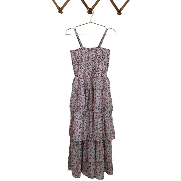 Mimi Chica Dresses & Skirts - Mimi Chica Pink Floral Ruffle Tiered Midi Dress with Smocked Bodice (Size M)